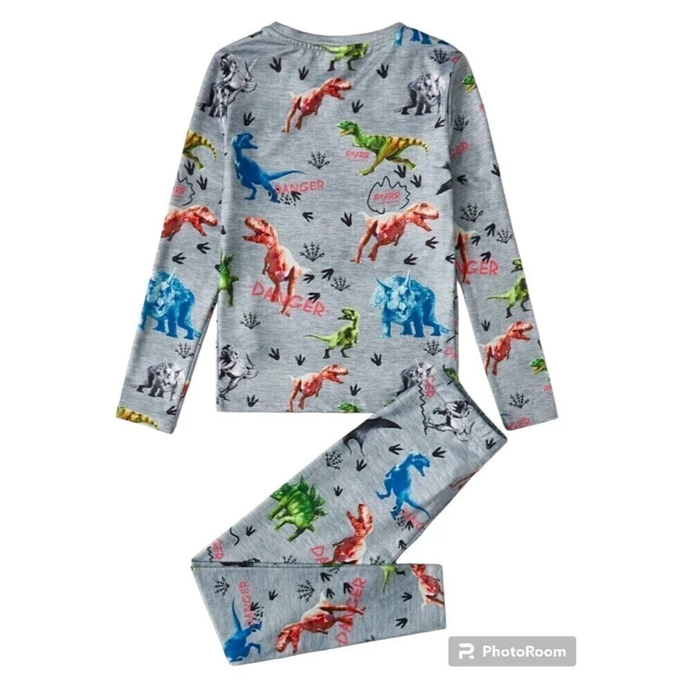 Boys' Casual Dinosaur Family Printed Round Neck Pullover Sweatshirt And Pant PJS